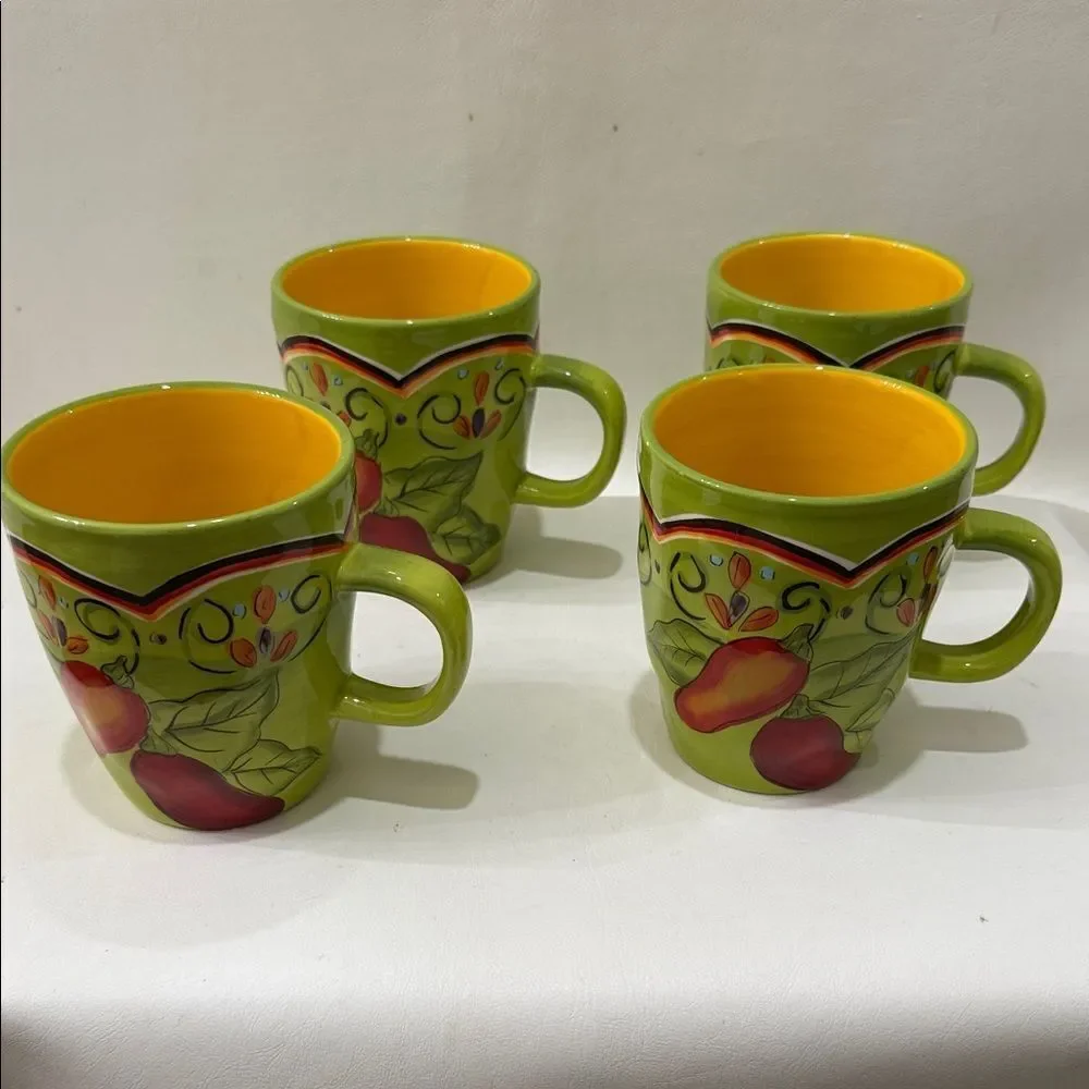Pier 1 Pasilla Mug Set 4 Green Yellow Pepper Theme 3 1/2 In Round 4 1/4 In Tall